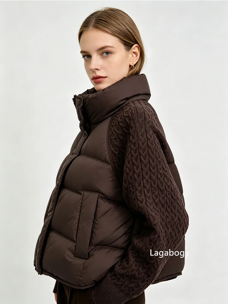 Lagabogy 2026 New Winter Turtleneck White Duck Down Jacket Women Patchwork Knitted Warm Drawstring Short Soft Puffer Coat Female