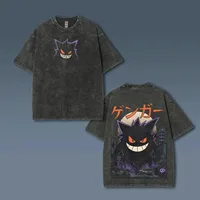 MINISO Pokémon animado Gengar estampado Vintage lavado Camiseta de manga corta hombres y mujeres verano Casual moda ropa algodón