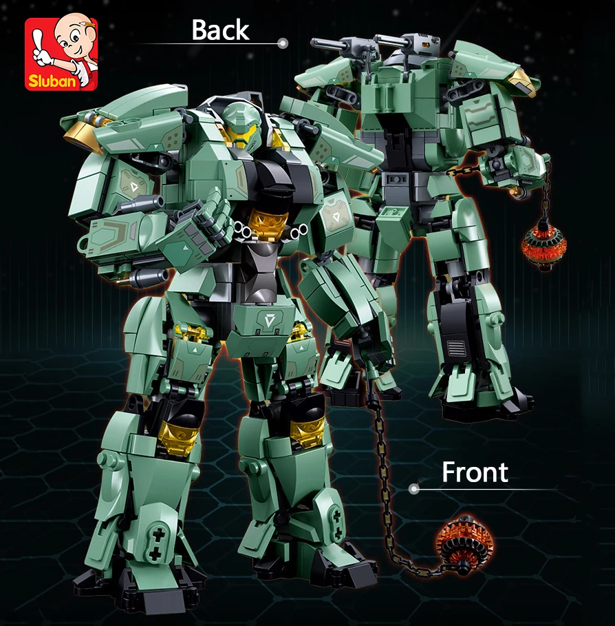 542pcs Sluban Green Warrior Robot With Chain Hammer Building Blocks Toys, Robot Battle Armor Assembling Educational Toys(No Box)