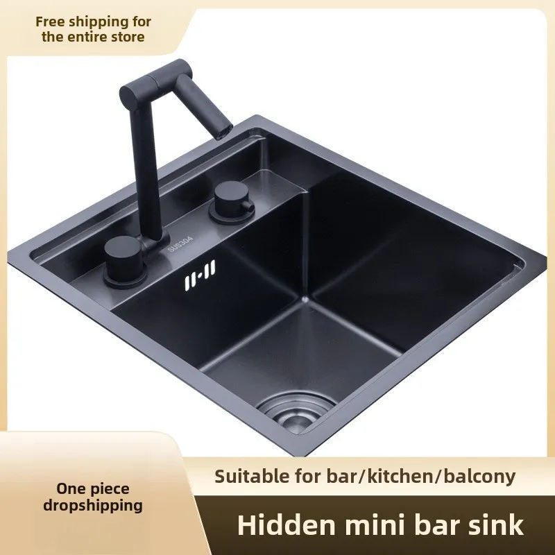 Kitchen 304 Stainless Steel Hidden Small Single Slot Sink, Island Bar with Cover, Invisible Folding Faucet Sink 35cmx45cm