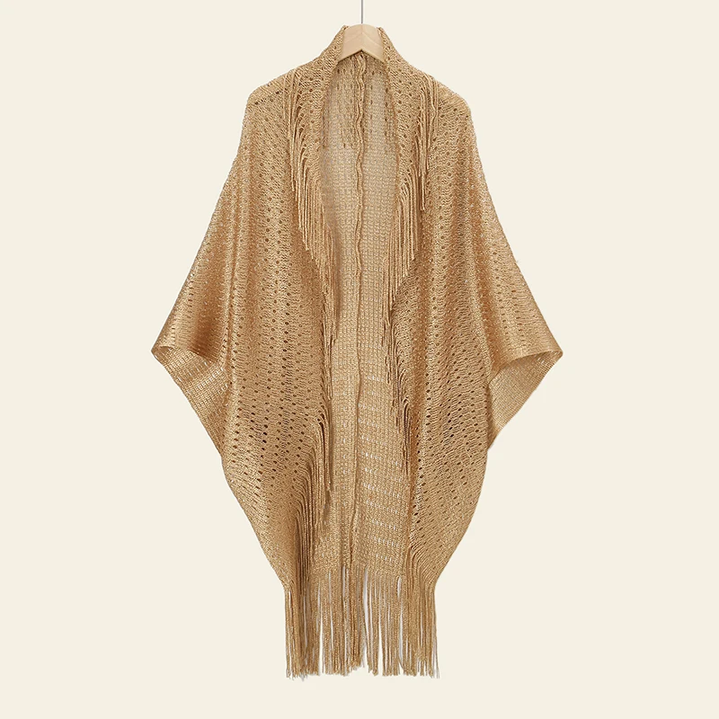 Fashion Women Bat Sleeve Cutout Cape Tassel Shawl Luxry Golden Sliver Party Scarf Summer Leisure Long Muffler 100*52cm