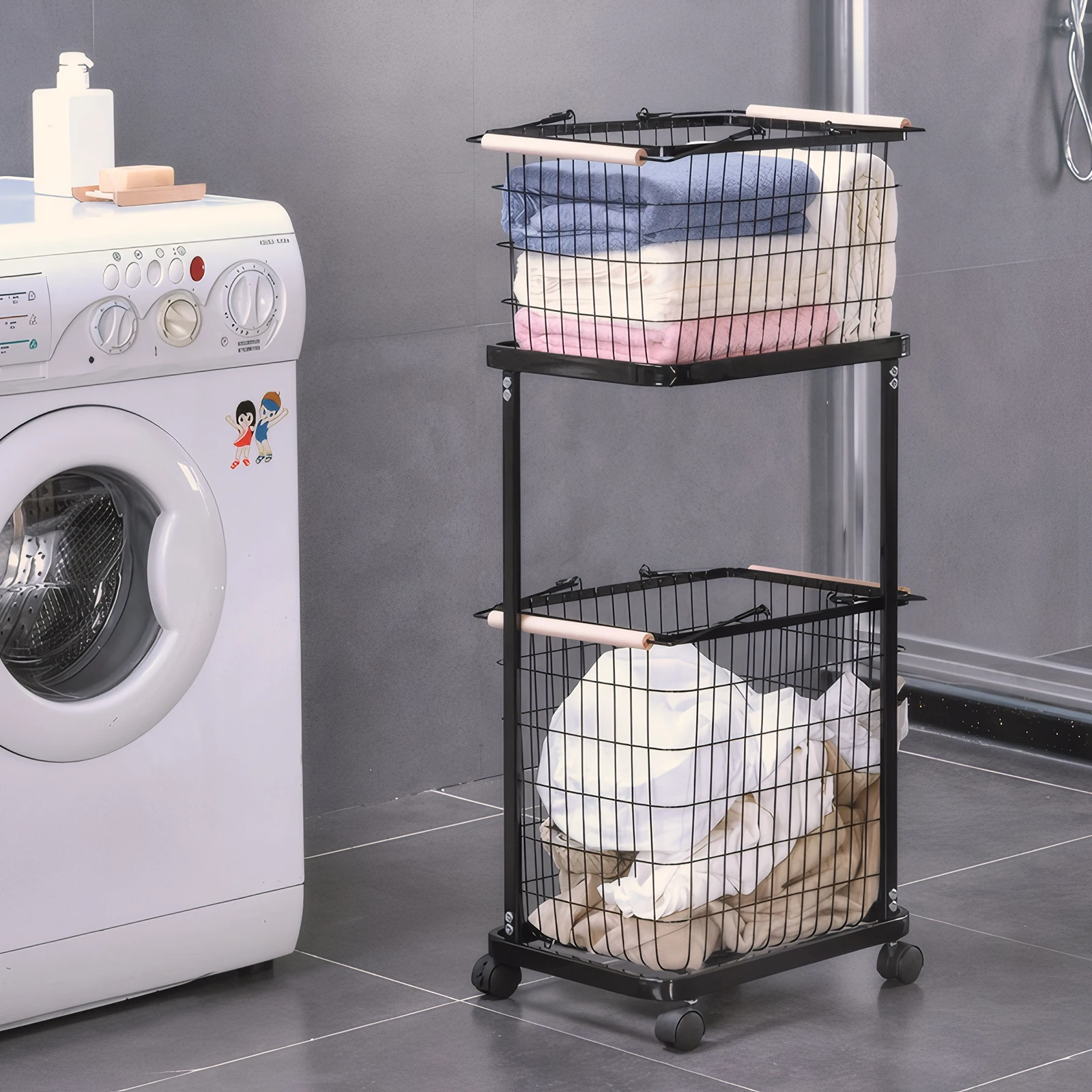 

2 Tier Rolling Laundry Basket with Wheels Wire Laundry Hamper Cart Laundry Clothes Basket for Laundry Room Bathroom Bedroom