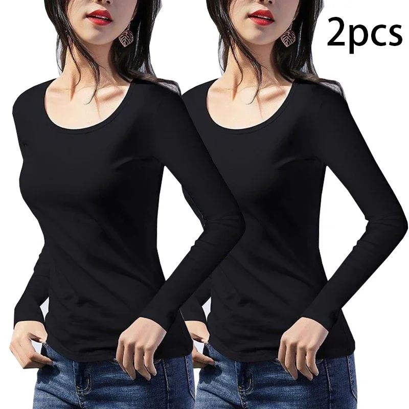 2 pçs feminino outono fino de manga comprida camiseta senhora roupa interior térmica fino ajuste moda novo estilo em torno do pescoço topo preto branco S-5XL