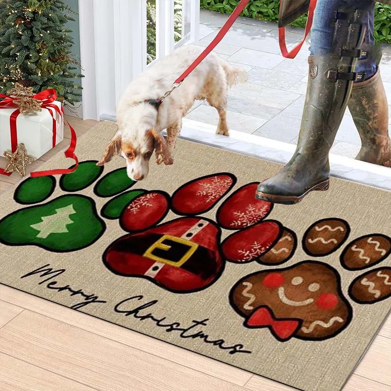 Alfombra de Yute con Estampado de Huellas de Patas para Suelo, Felpudo para Puerta, Sala de Estar, Lateral de Sofá, Cocina, Juego de 1/2/3 Piezas, Decoración Navideña para el Hogar, Alfombra para Mesita de Noche, Lavadero