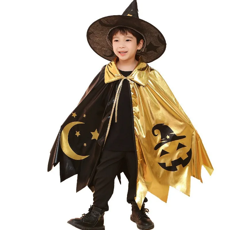 

Kids Halloween Boys Girls Witch Cosplay Cloak Witch Hat 2-piece Costume Carnival Party Fancy Gold Black Contrast Dress Shawl New
