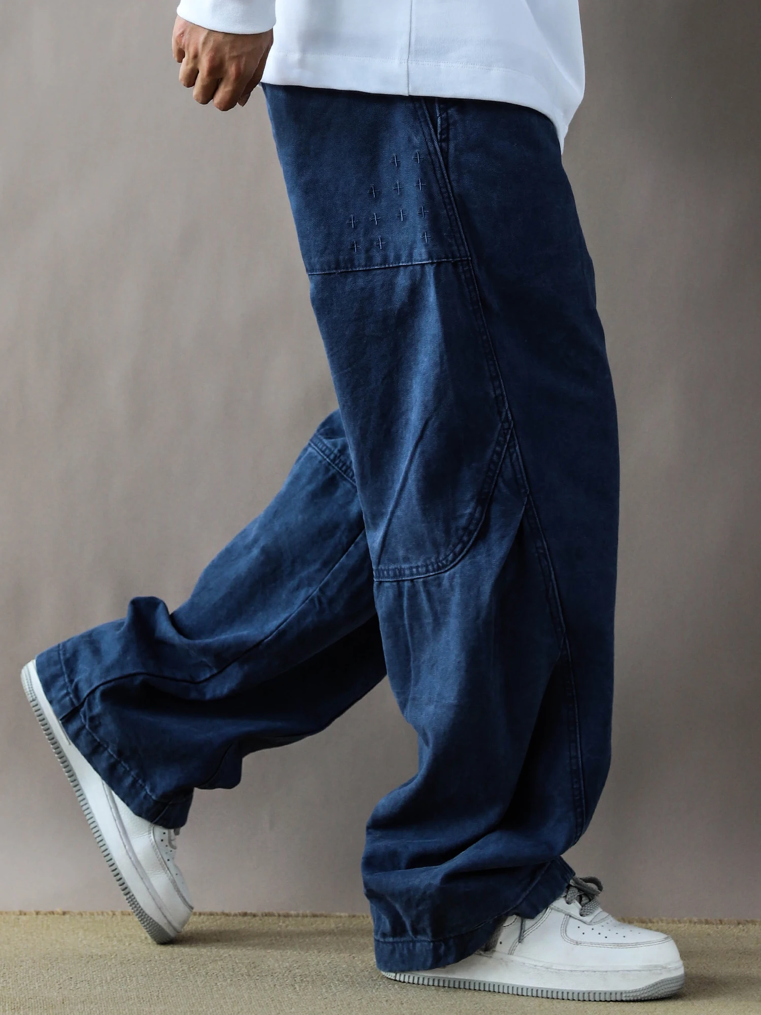 

Американские повседневные свободные мужские рабочие брюки синего цвета, прямого кроя, со средней посадкой, из хлопка, новинка 2025 года, весна-осень