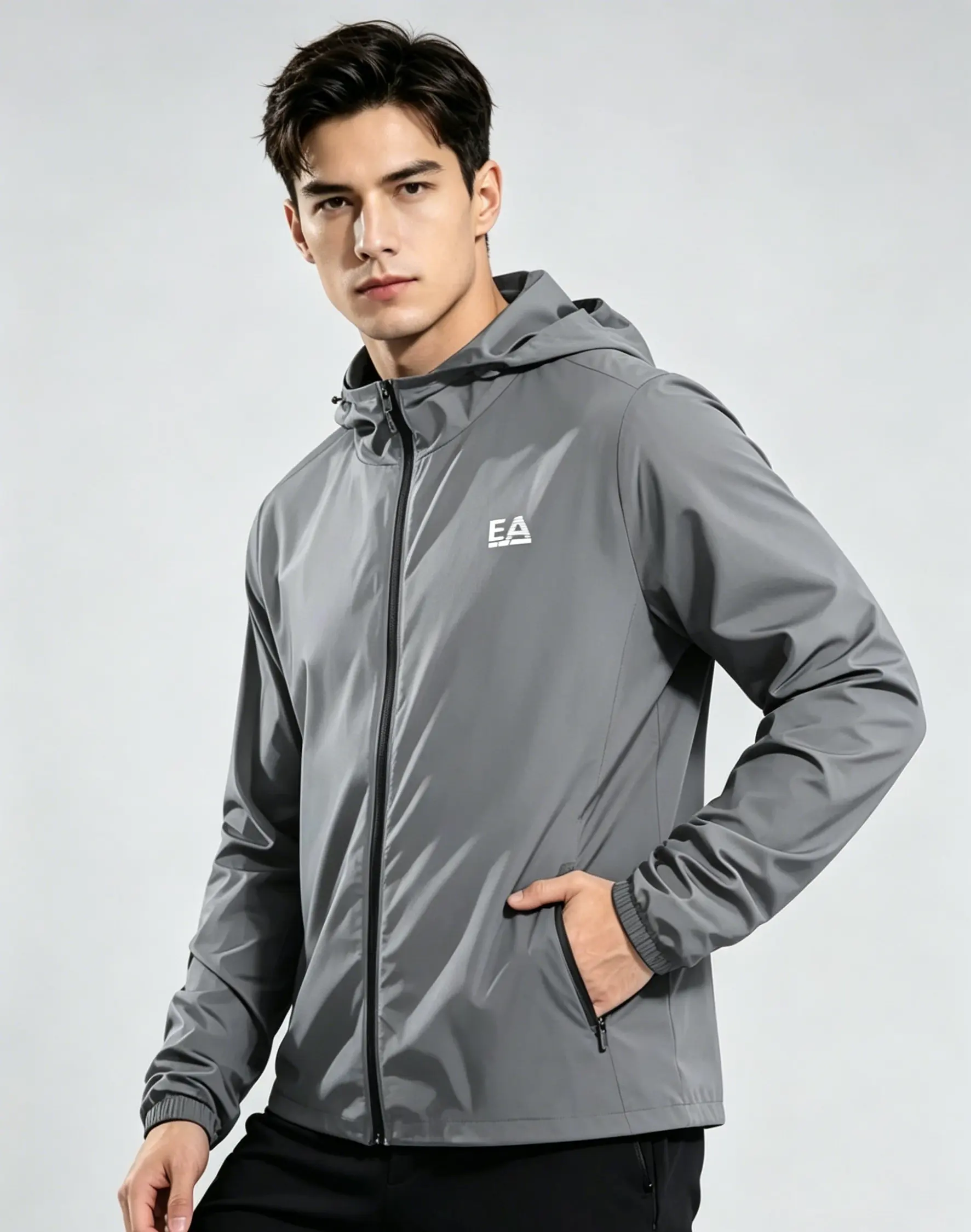Herren EA Letter Logo Kapuzen-Windbreaker-Jacke, leichte, wasserdichte, lässige Outdoor-Reißverschlussjacke – Detail 2