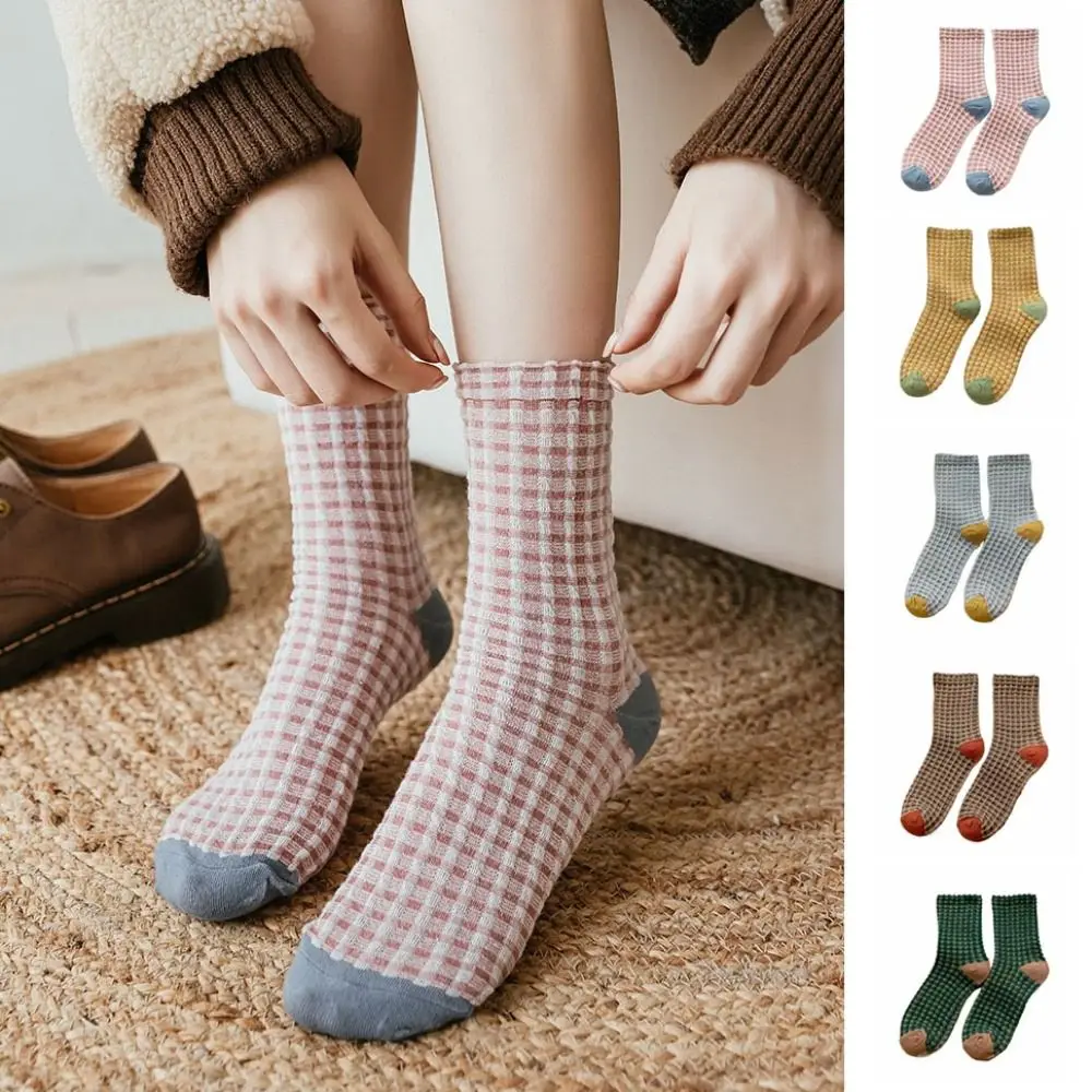 

5Pairs Vintage Patchwork Checkered Cotton Socks Elastic Antiskid Women Tube Sock Plaid Socks Breathable Grids Socks Slippers