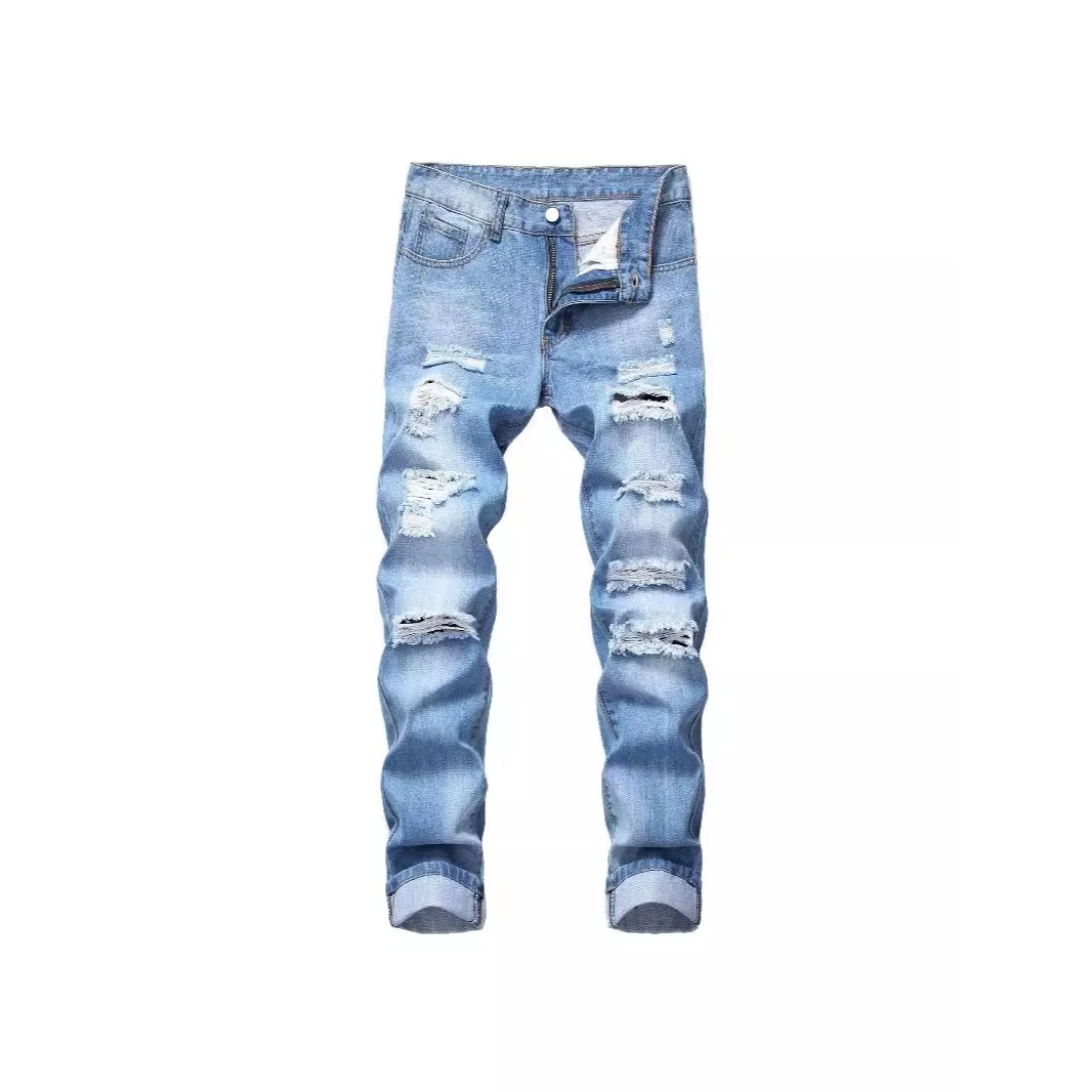 Men's Slim Fit Straight Leg Jeans No Stretch Ripped Casual Pants mid Waist Zipper Fly Cotton Fabric All Seasons Wear