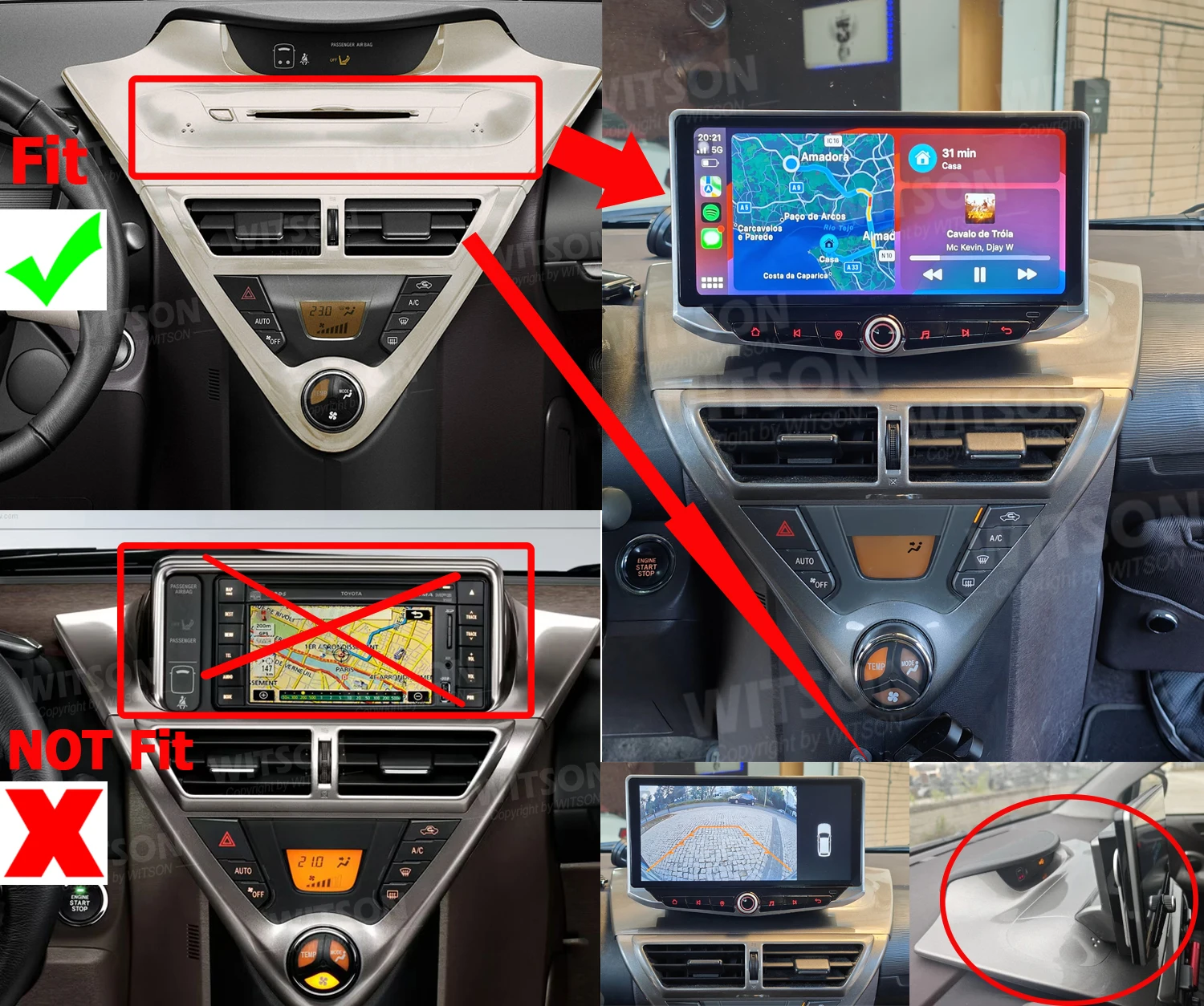 CarPlay Android Autoradio mit physischen Tasten für Toyota IQ 2008-2016, GPS 10,88" Touchscreen Multimedia-Player, passend für Scion IQ Audio