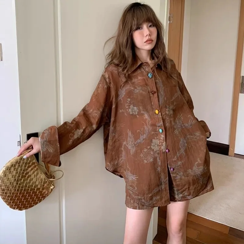 

Autumn New 2025 Coffee Color Printed Long-sleeved Shirt Shorts Women's Fashionable Elegant Loose and Versatile Two-piece Set