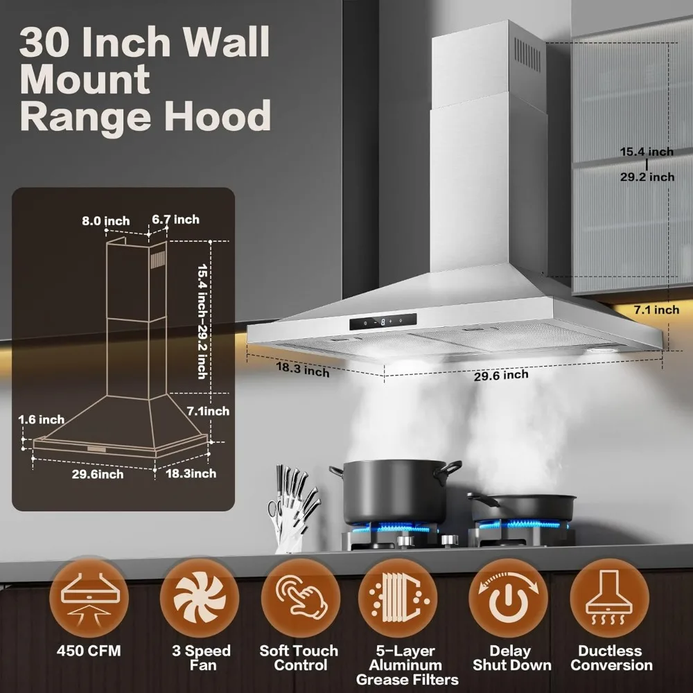 Range Hood 30 inch Stainless Steel, Wall Mount kitchen Hood Ducted/Ductless Convertible, Vent Hood w/ 3 Speeds, Touch Control