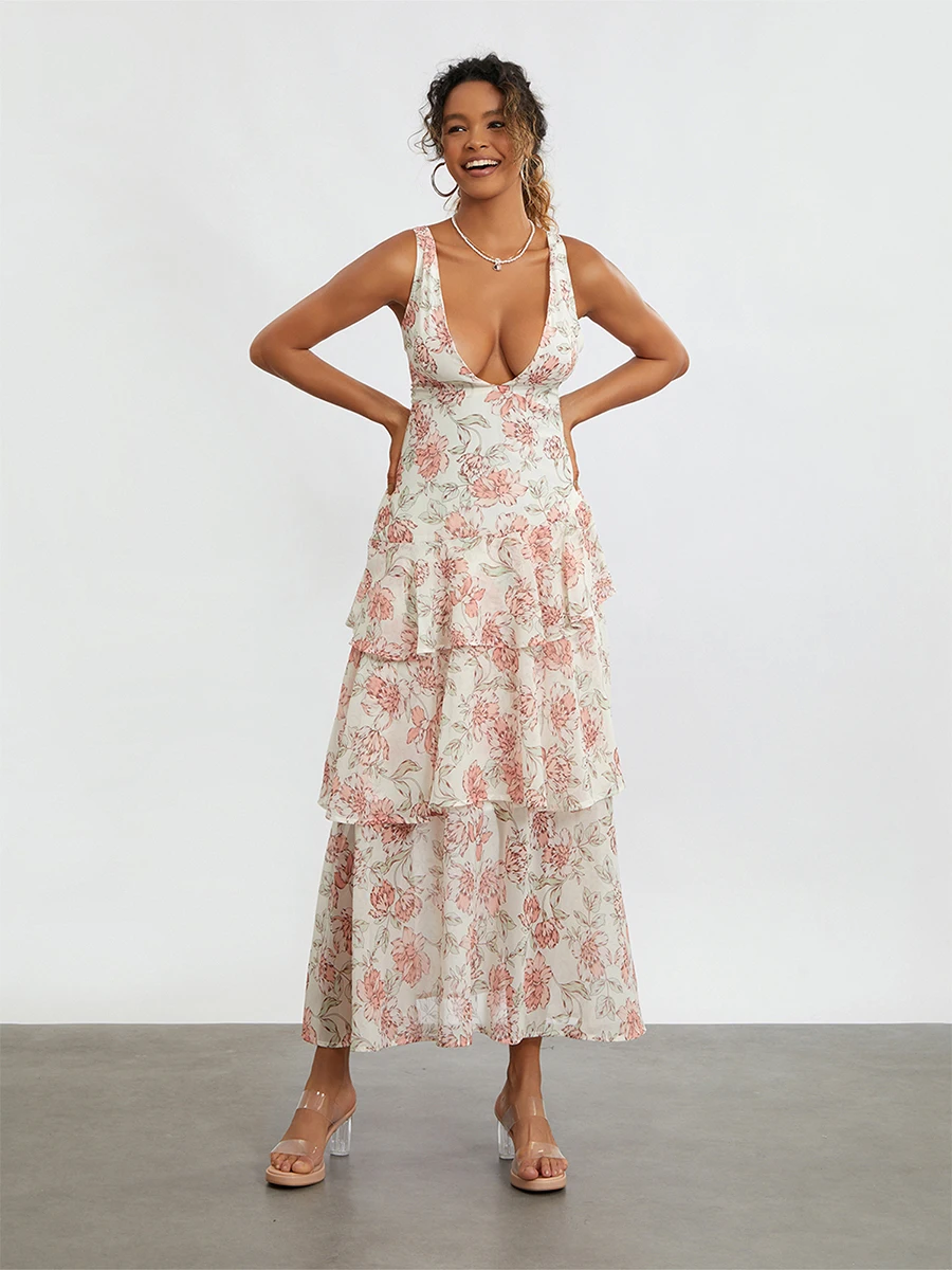 Vestido longo floral sem mangas com decote em V profundo feminino, vestido em camadas plissado, primavera, verão