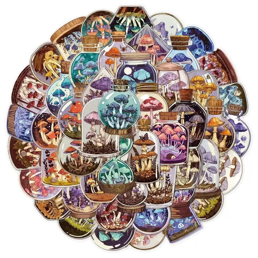 50 STKS Vintage Glazen Fles Paddestoel Transparante Stickers Telefoon Laptop Bagage Skateboard Graffiti Waterdichte Decals Sticker