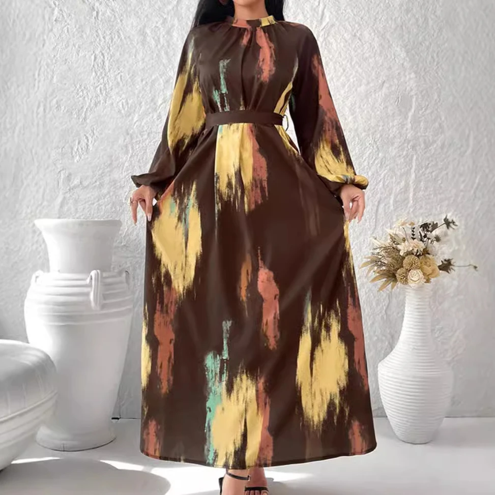 autumn Elegant Casual half high collar Belt robe Loose Holiday Beach Dresses long Sleeve Boho Maxi Dress Women Party Vestidos