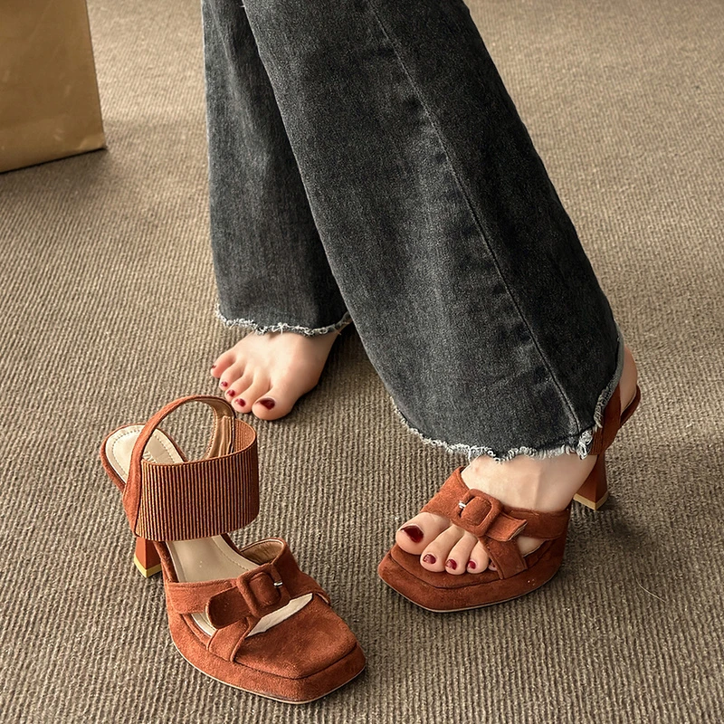 2024 Fashionable Women's Sandals Summer Square Toe High Heels Cross Buckle Elastic Fabric Women's Shoes Heels 9cm image 3