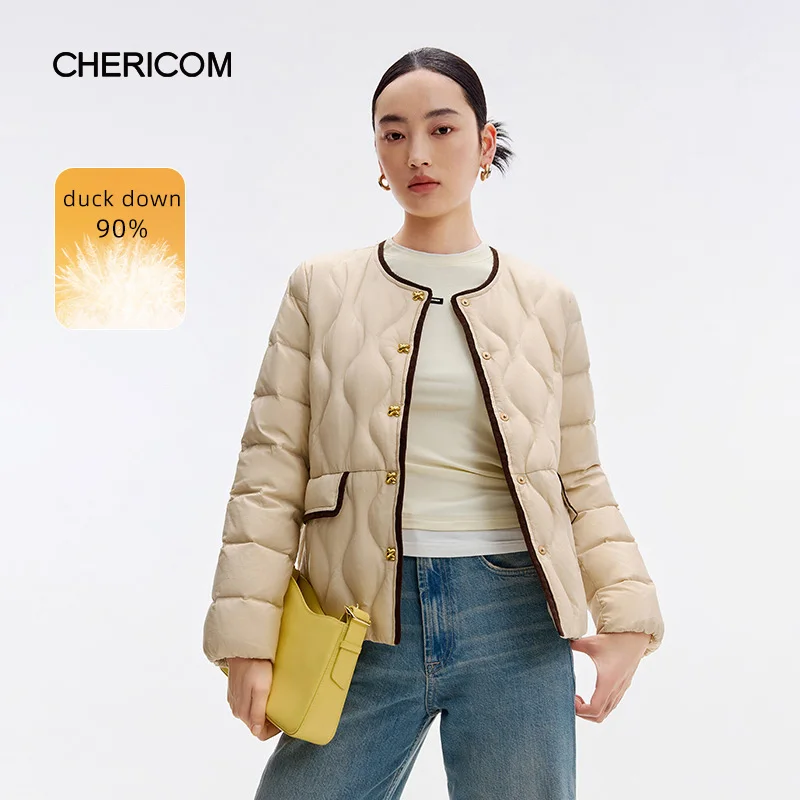 Chericom Women's Minimalist Collarless Down Jacket Lightweight Warm Duck Down Commuter Short Fit Puffer Coat Y309037Y
