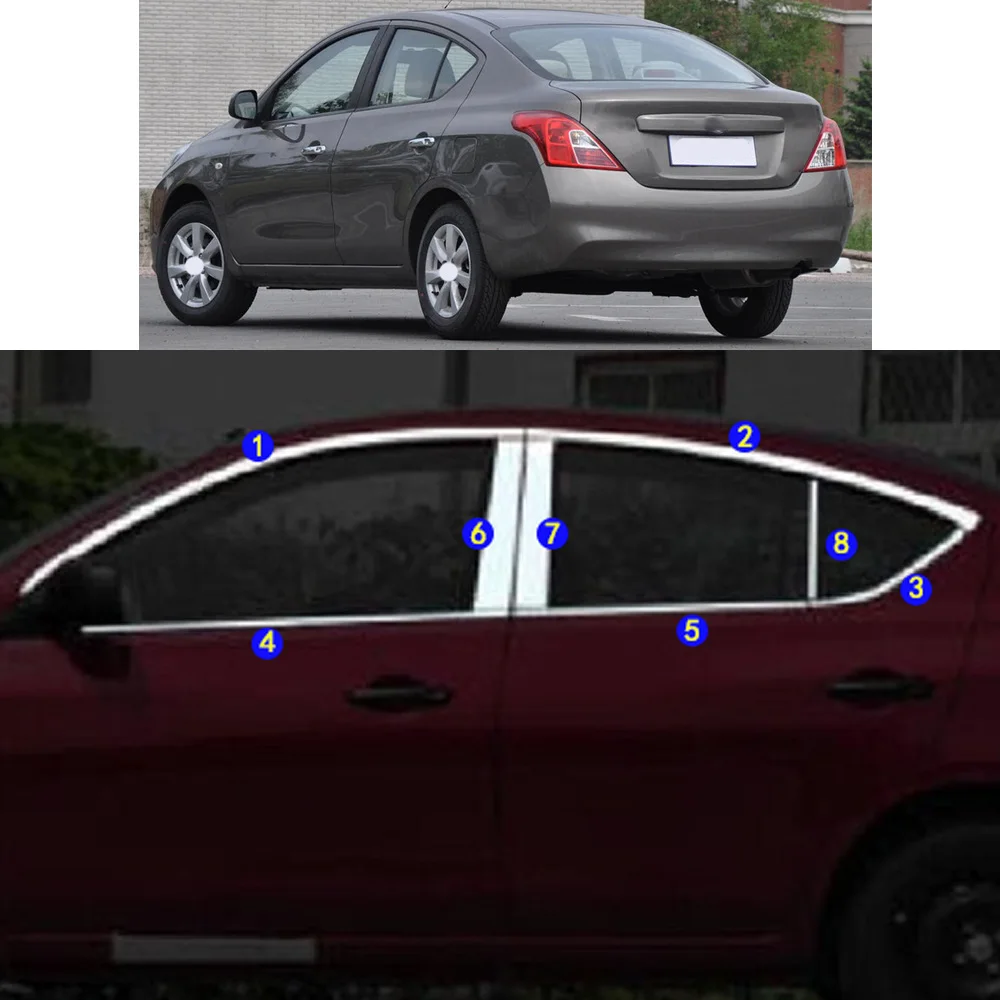 For Nissan Sunny 2010 2011 2012 2013 2014 2015 2016 2017 Car Sticker Garnish Pillar Window Middle Strip Trim Frame Hoods