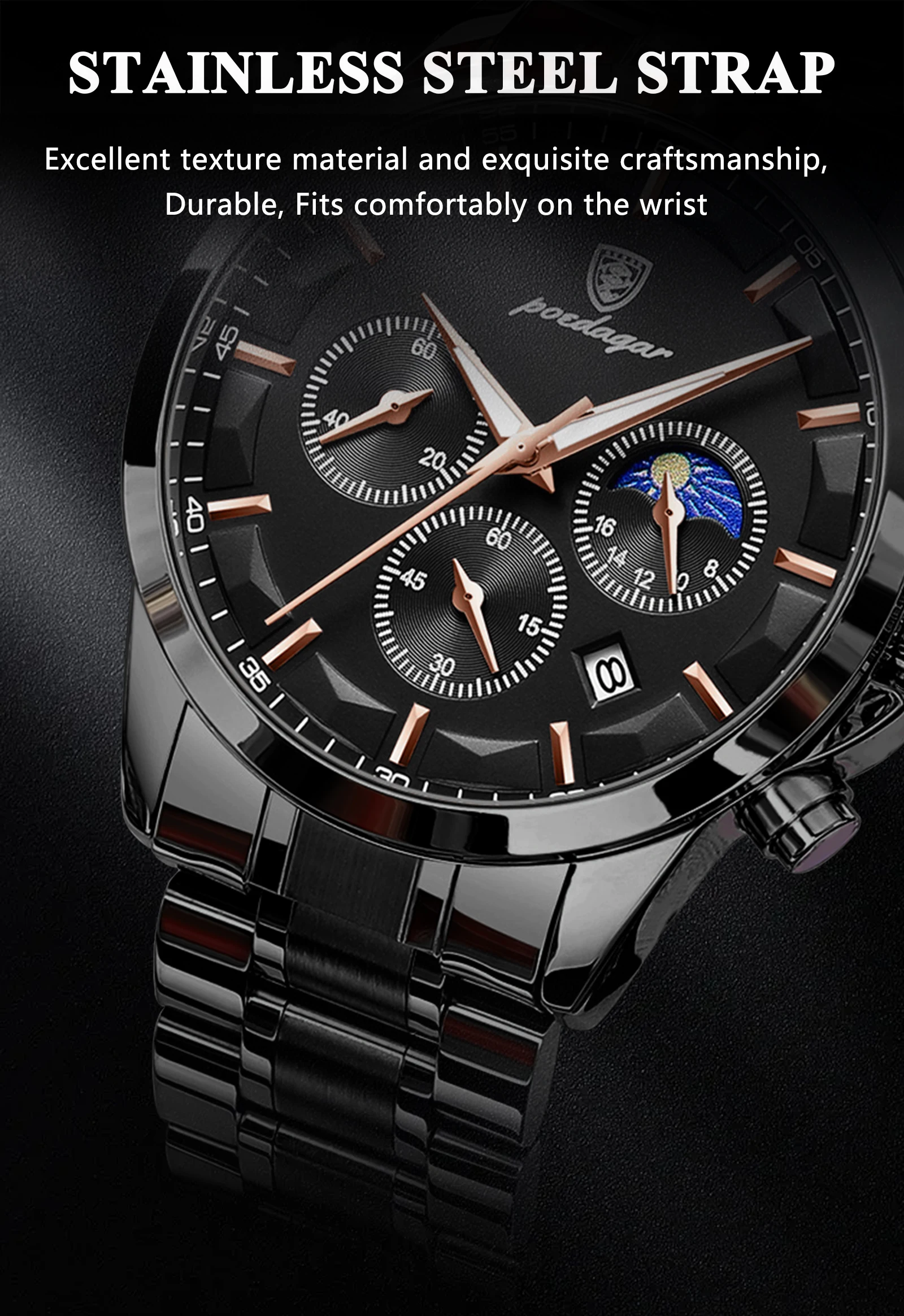 POEDAGAR Top Business Herrenuhren Wasserdicht Leuchtend Edelstahl Mode Herren Armbanduhr Chronograph Datum Herren Quarzuhr – Detail 11