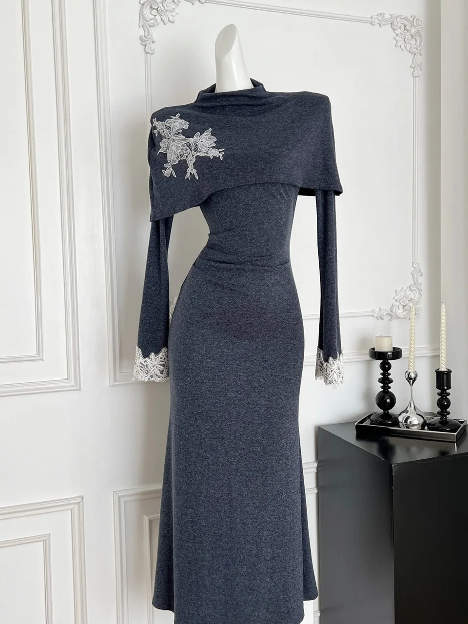 Ele Embroidered Knitted Long Dr Bodycon Fit Fi Tail Skirt High Waist Autumn Early Season Faionable Women's Dr
