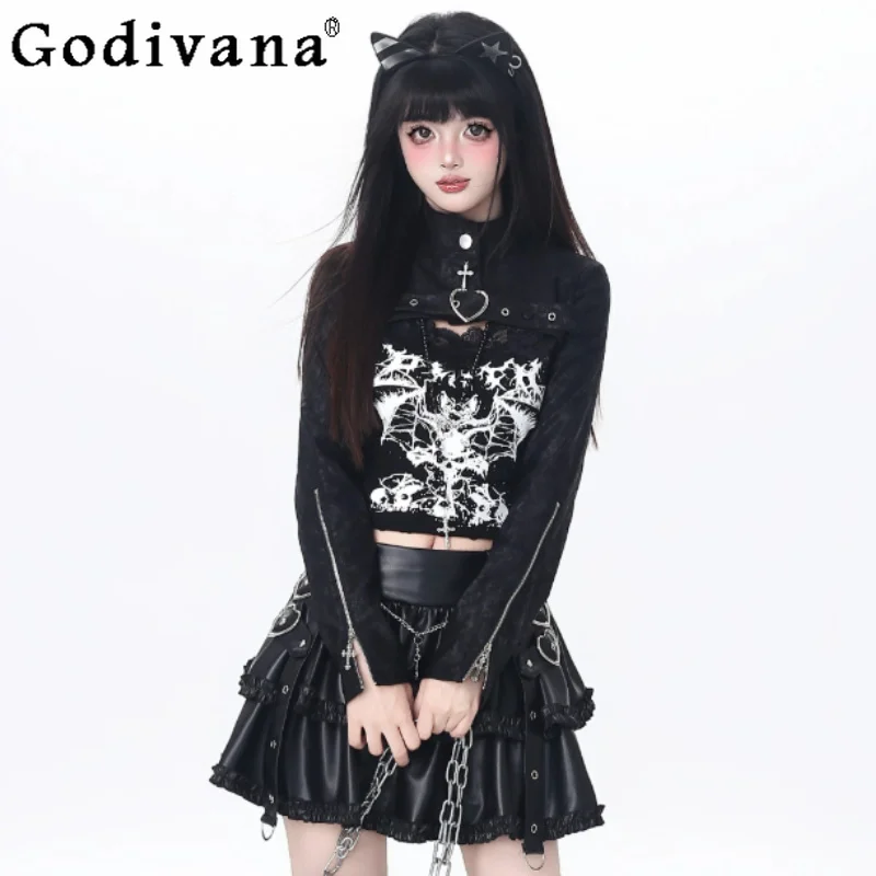 Personality Retro Y2k Sexy Long Sleeve Print Short Top Women New Fashion Versatile High Waist A-line Street Leather Cake Skirt