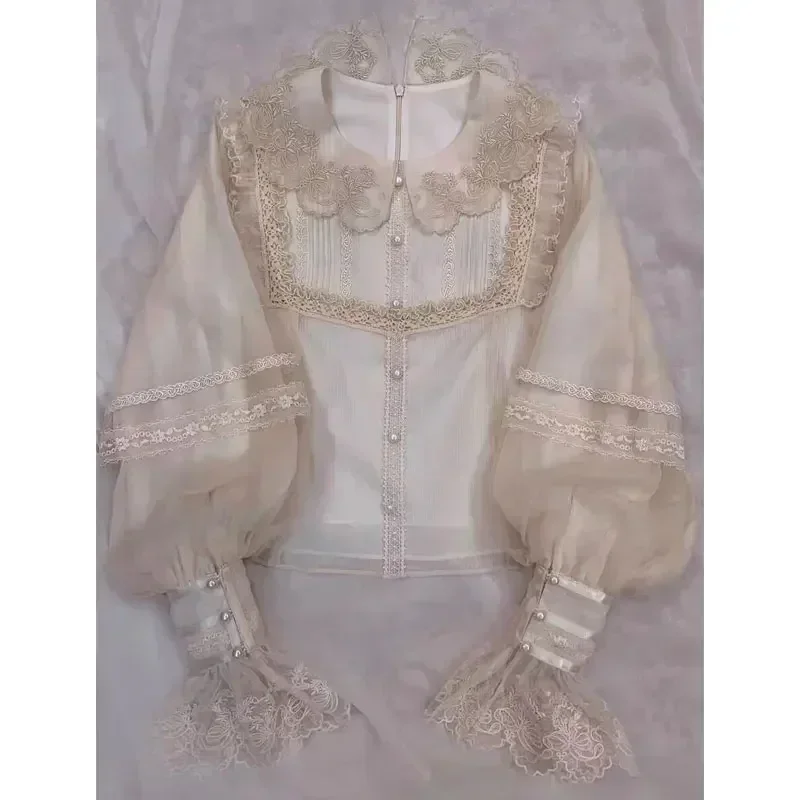 Colletto per bambola in stile occidentale Camicia Lolita carina Top in stile coreano Donna Primavera/Estate 2023 Nuova camicetta con maniche a lanterna in pizzo francese chic