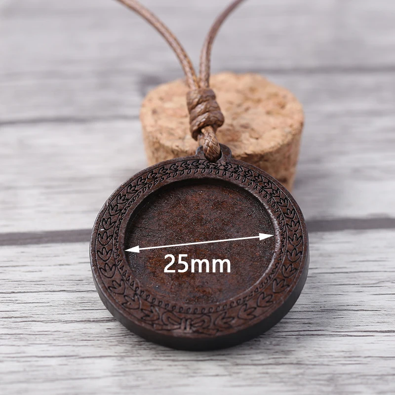 onwear 5pcs 25mm round wood cabochon blanks diy blank cameo pendant base setting trays with leather cord for jewelry making