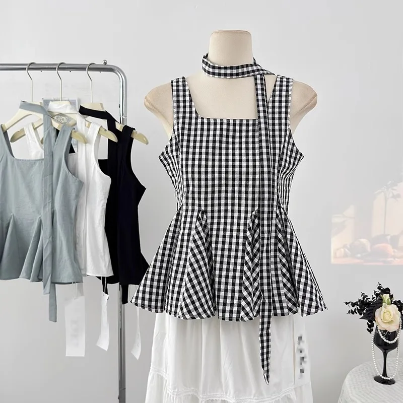 Women's Black Plaid Scarf Ruffles Tank Tops Harajuk Korean Fashion Casual Sleeveless Folds Slim Waist Cute Vest Female CropTop