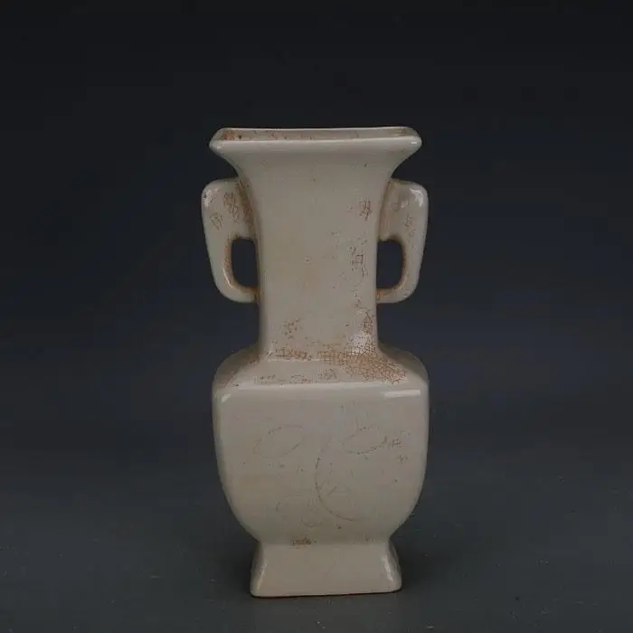 Chinese Antique White Glaze Square Vase Double Loop Ears Carved Floral Porcelain Collectible Decor