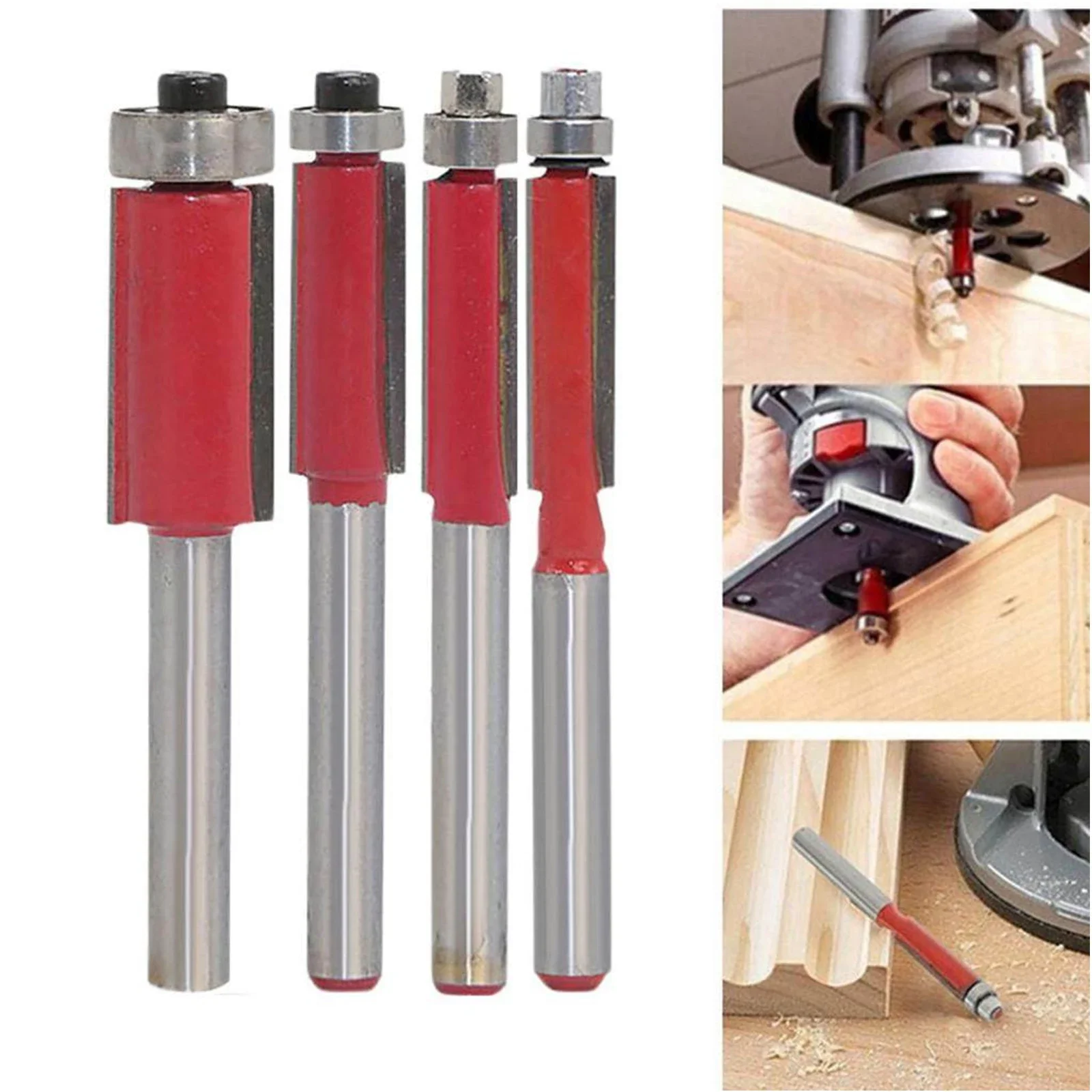 

Фрезы для заподлицо, Концевая фреза по дереву, Удлиненные фрезы для обрезки с подшипником, Деревообрабатывающий инструмент, 6 мм, хвостовик 1/4 дюйма, 4 шт.