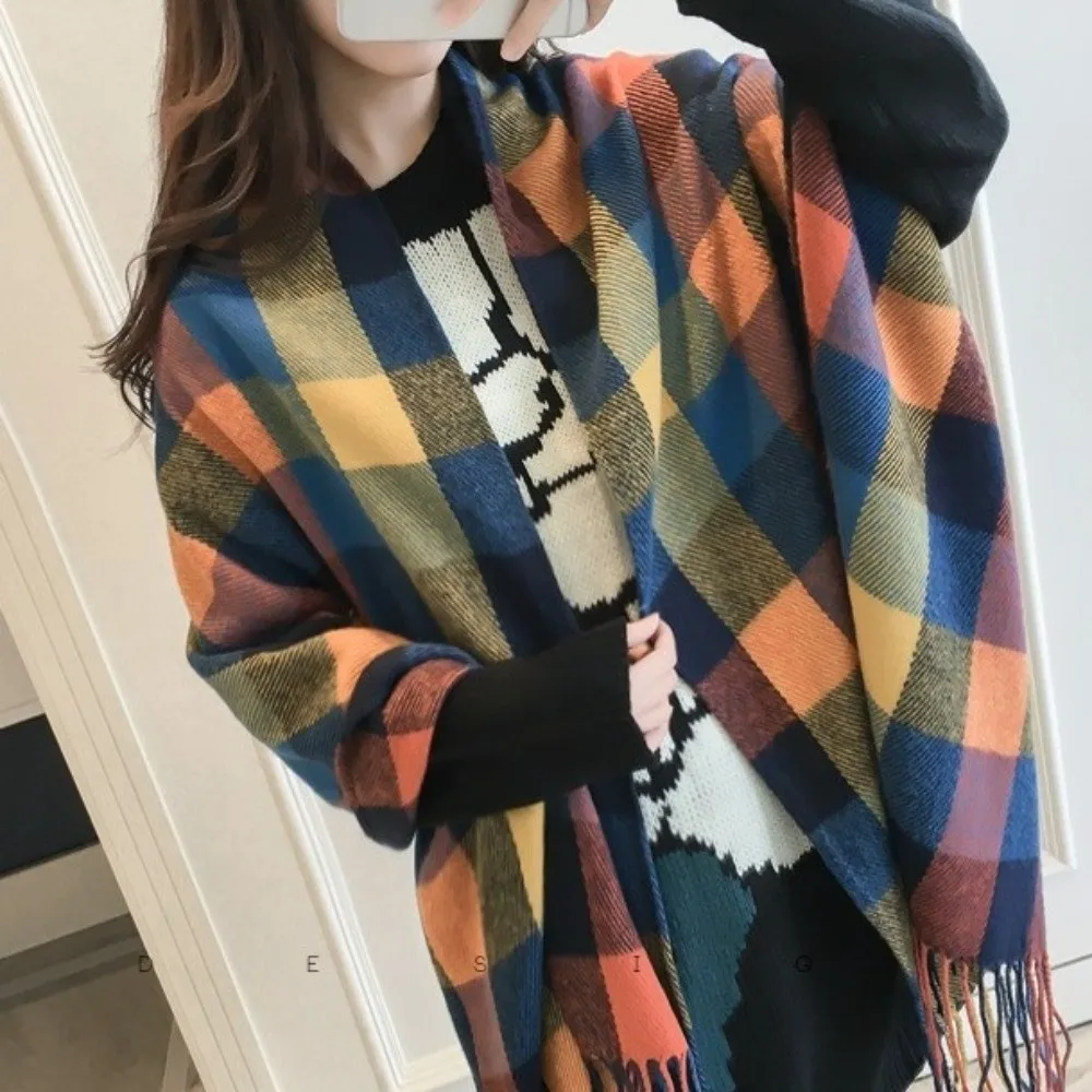 

Повседневный ветрозащитный клетчатый шарф, толстая кисточка, имитация кашемира, шаль в корейском стиле, сохраняющая тепло, женская шаль