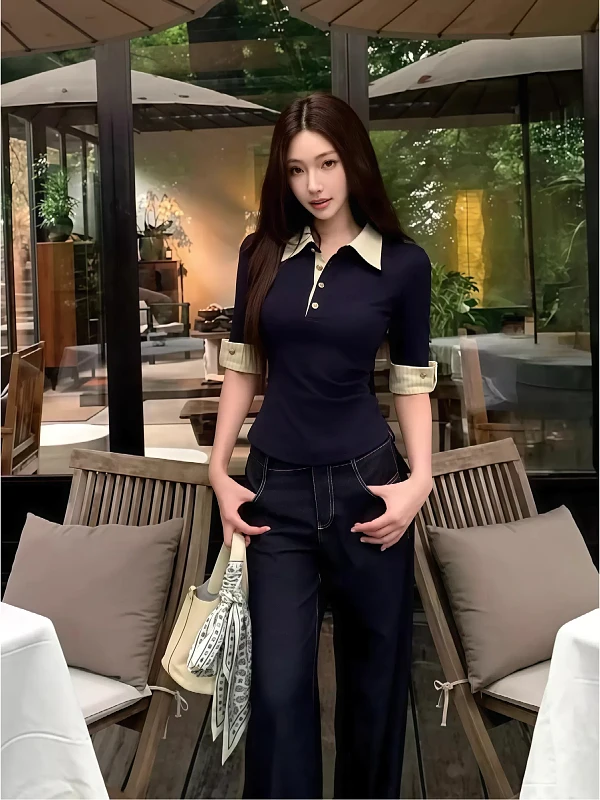 plus Size Korean Style High Intelligence Flip Collar Color Block Five Sleeve T-Shirt Women Summer New Style Deep Blue Button Top