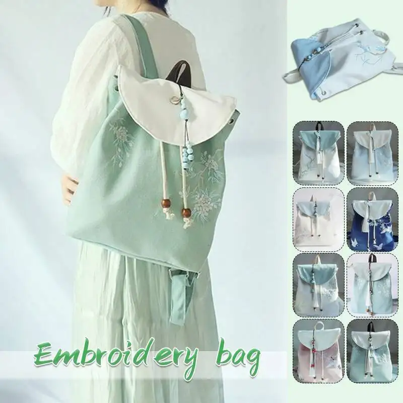 

Chinese Embroidery Drawstring Bags Hanfu Handbag Floral Canvas Bag Women Ancient Traditional Style Bead Pendent Backpack