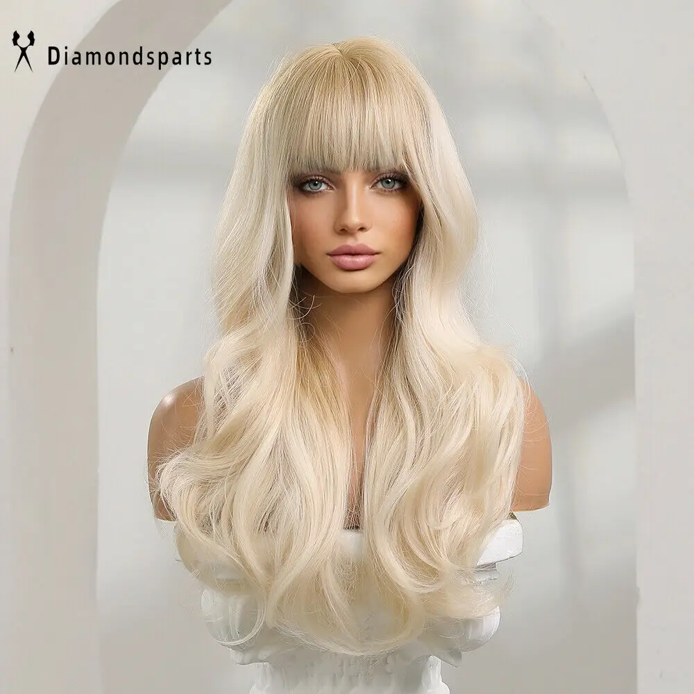 Women Fanshion Wig Long Wavy Platinum Blonde Hair Wigs with Bangs Daily Use US