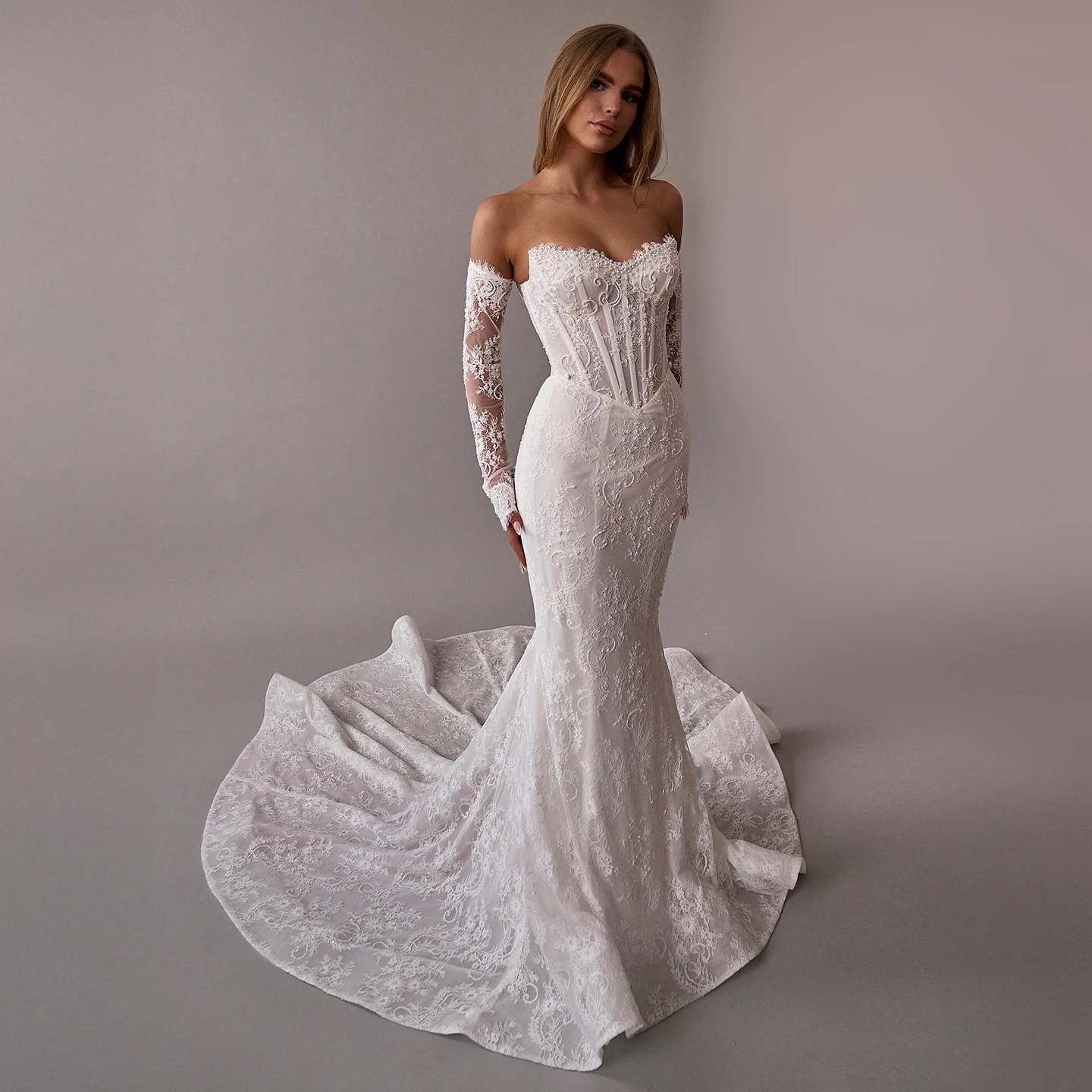 Sharon Said 2025 elegante manga larga sirena vestido de novia de encaje blanco Boho Sexy princesa vestidos de novia SW054 personalizado