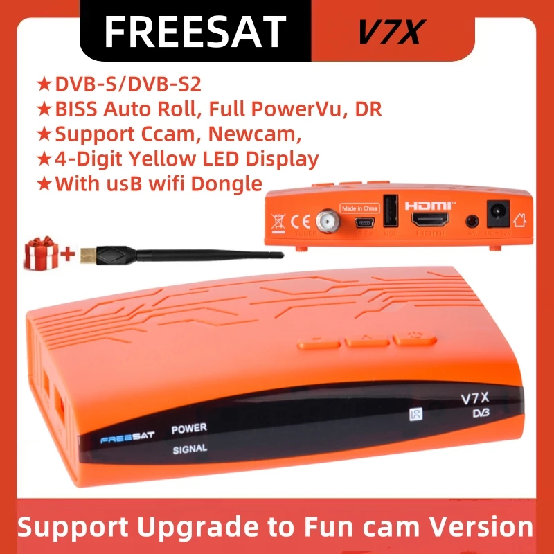جهاز استقبال الأقمار الصناعية FREESAT V7X DVB-S/S2، H.264 BISS Auto Roll، PowerVu الكامل، يدعم FunCam/CCAM/Newcam TV Box مع USB Wifi Dongle