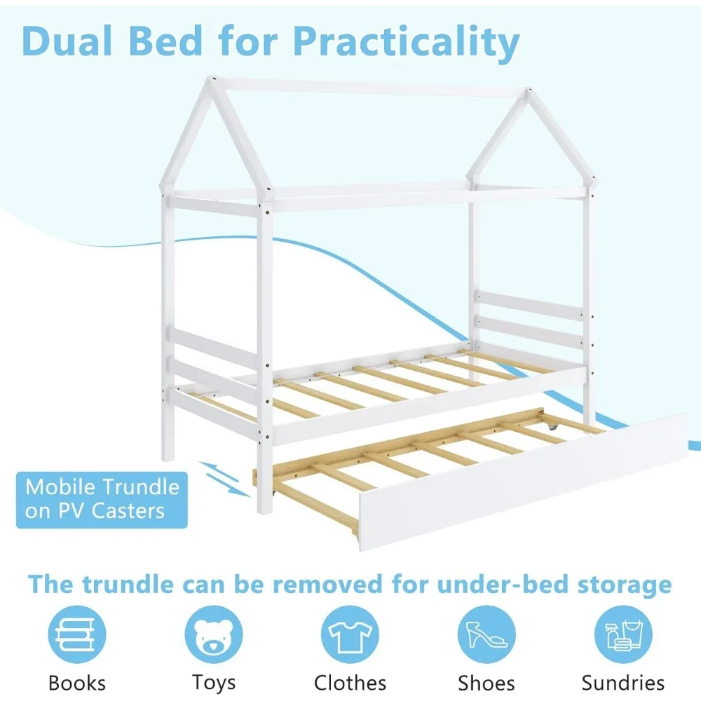 Huisbed met onderschuifbed, massief houten twin-size ligbed voor meisjes en jongens, platformbedframe voor kinderen