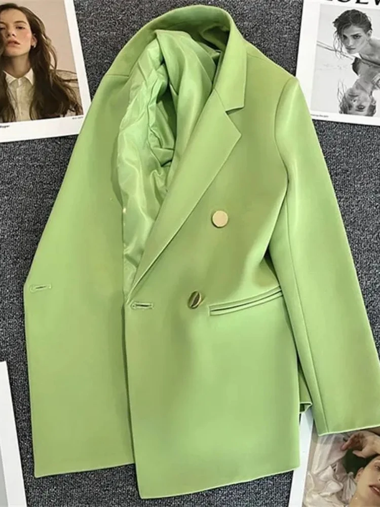 Green Pink Metal Button Suit Coat New British Style Design Feeling Double-Breasted Suit Spring Autumn Blazer Women Outerwear