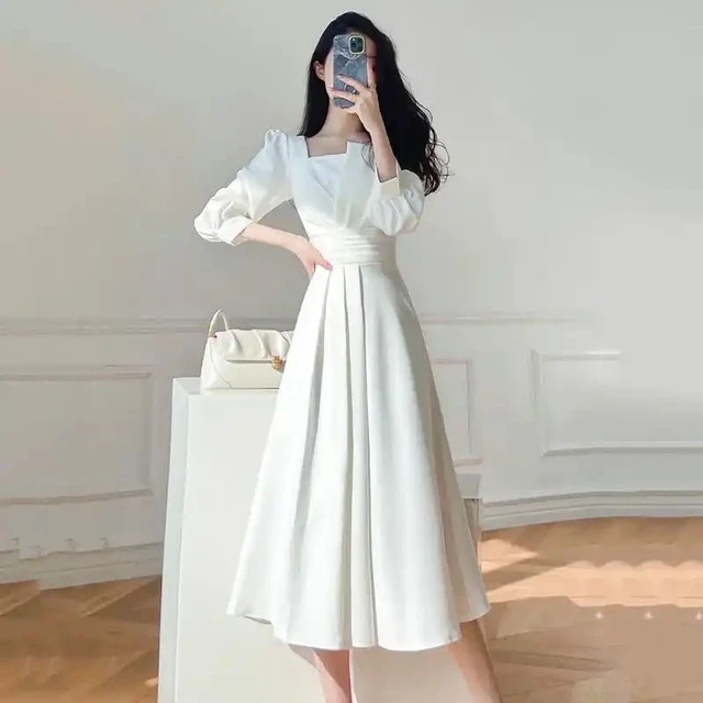 Robe blanche a manches longues bouffantes pour femmes col carre dame de bureau mode coreenne elegante ligne A nickel e printemps ete 2023 AliExpress