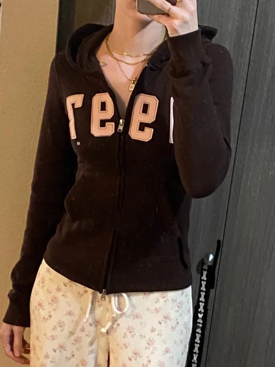 1977 رسالة التطريز سليم الرمز البريدي هوديس المرأة الخريف سحاب أكمام طويلة بلوزات الحلو خمر ملابس خارجية رياضية غير رسمية