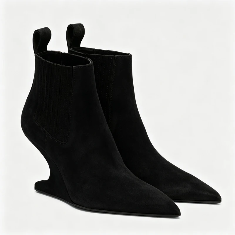Women's Pointed Toe Chelsea Ankle Boots, Black Goat Suede, Unique Hollow Sculpture Wedge Heel, Elastic Side Pull Tab, Fashion