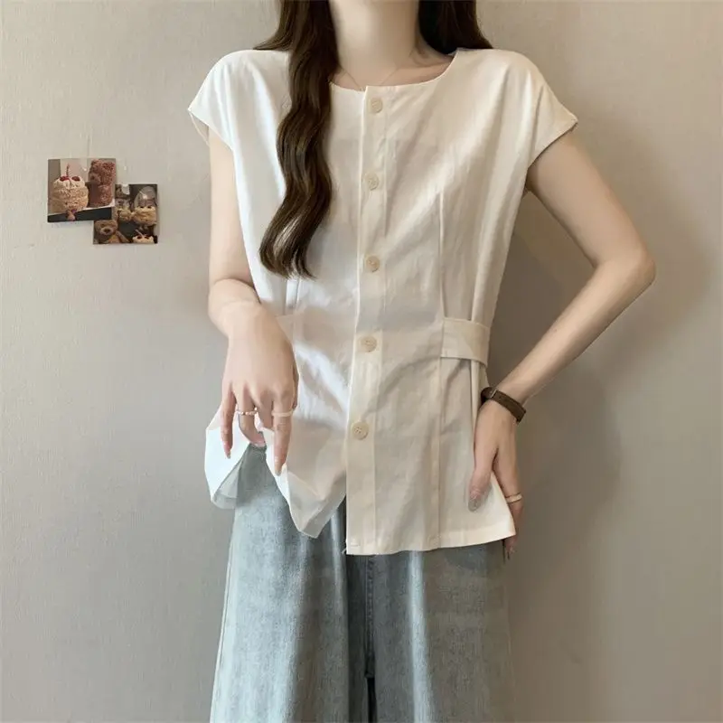Plus Size Women Irregular Button Short Sleeve Shirt Summer New Loose Slim Hide‑fat Chic Waist‑Tunced Blouse Tops