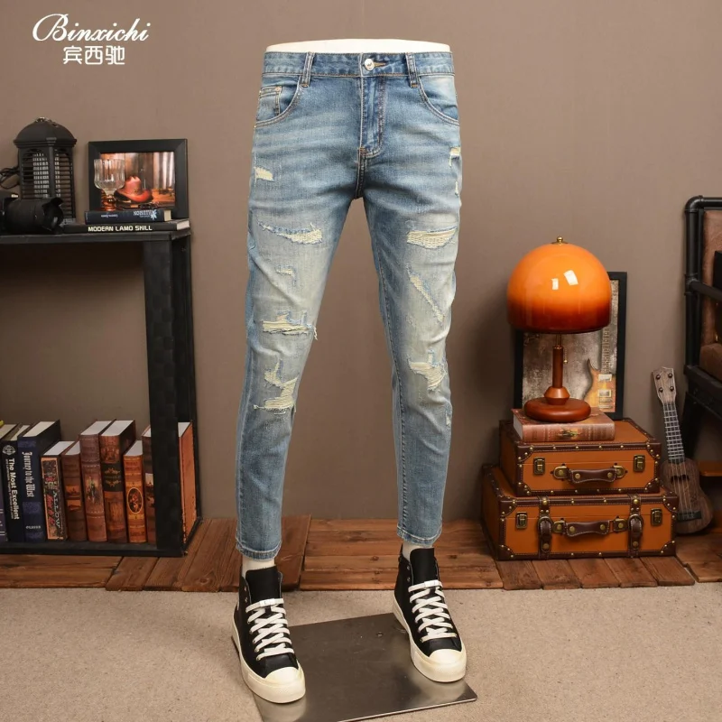 Men's Summer Thin Light Blue Washed Ripped American Style Stretch Slim Skinny Versatile Casual Daily Denim Pants