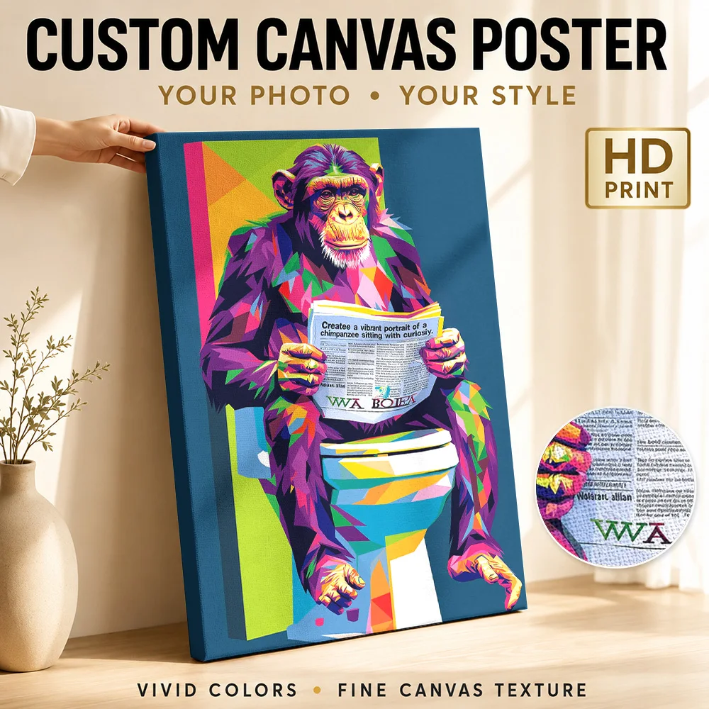 Chimpanzee Reading On Toilet Framed Canvas Print Customized Photo Geometric Wall Art For Bathroom Vanity Area, Pet Lover Gift