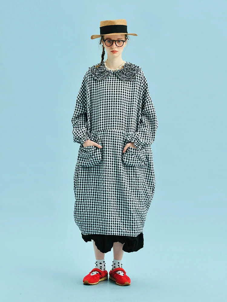 

2025 Summer Women's Y2K Checkered Dress Black White Ruffle Collar Oversized Pockets Streetwear Casual Daily 244943+244944