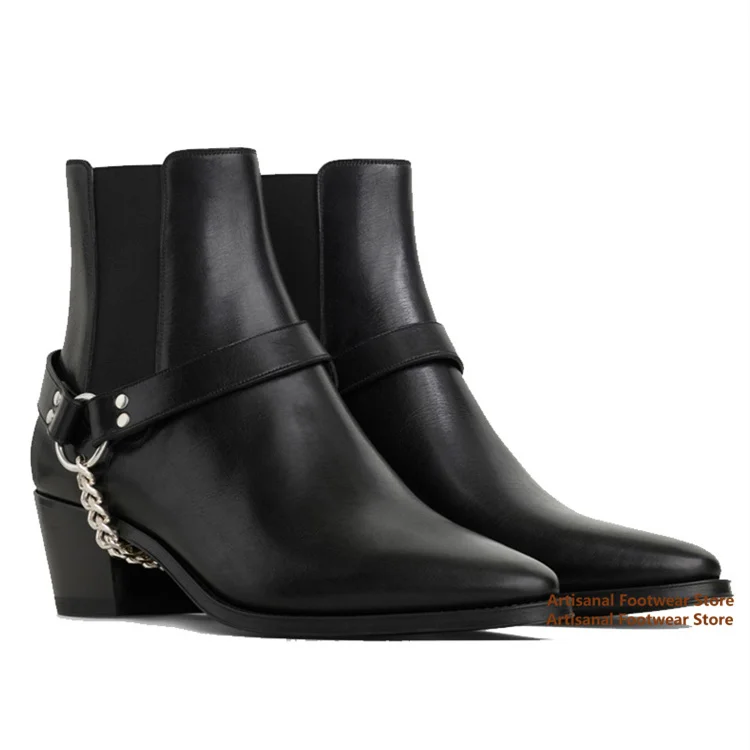 

Metal Ring Chain Chelsea Boots Men's Pointy Toe Black Leather High-Top Booties Height Increasing Men Shoes Handmade Men Boots
