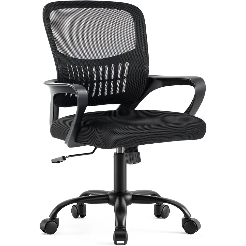 #Ergonomic Mid Back Office Chair with Lumbar Support, Height Adjustable, Fixed Armrests, 360 Swivel, Rocking Function,
