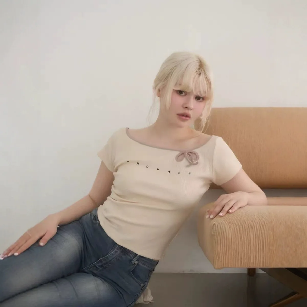 Sandy Japanese Style  Knot Embroidery T-Shirt Summer New Arrival Pure Desire Heart Shaped Top Women's Fashion