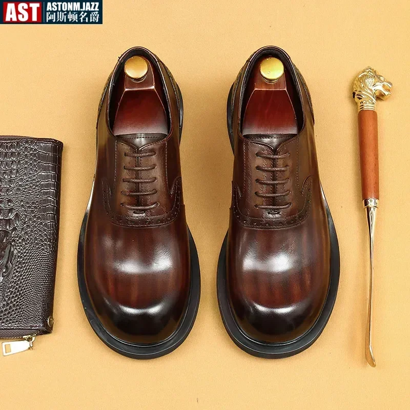 Retro Mens Dress Shoes Luxury Handmade Quality Genuine Leather Autumn Round Toe British Style Elgant Wedding Oxfords Shoes Male