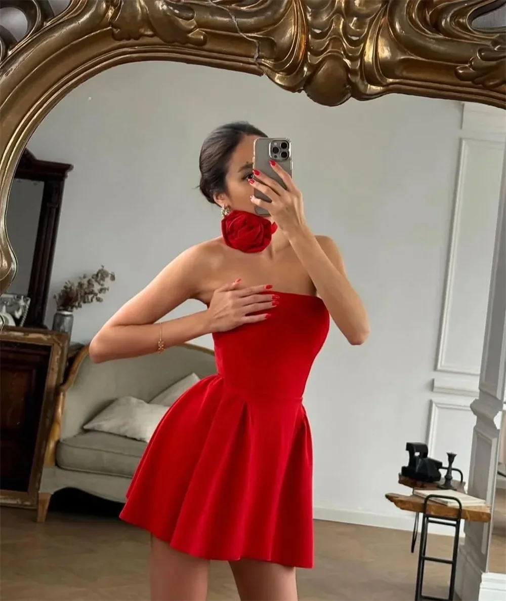 

Customized Red Strapless Mini Prom Dresses 3D Flower A-Line vestidos de noiva Elegant Sleeveless Evening Dress 2025
